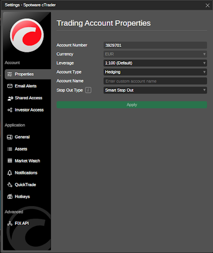 cTrader Settings Window